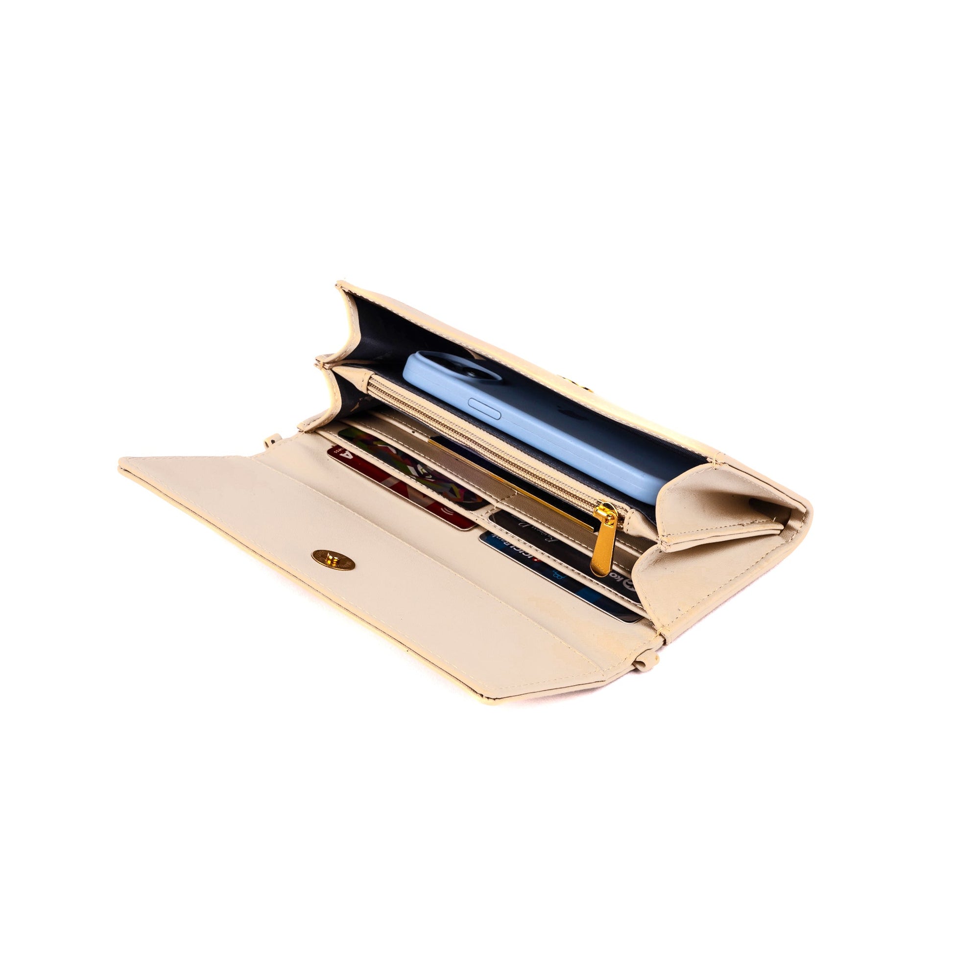 Stylish beige wallet with chain for women, featuring card slots and a spacious interior for essentials