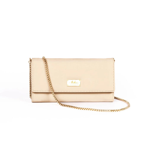 Beige wallet with chain for women featuring a sleek design and stylish gold accents