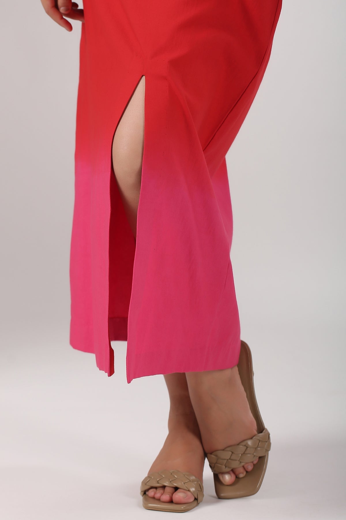 Stylera beach wear stylish ombre skirt and top set showing side slit and braided sandals