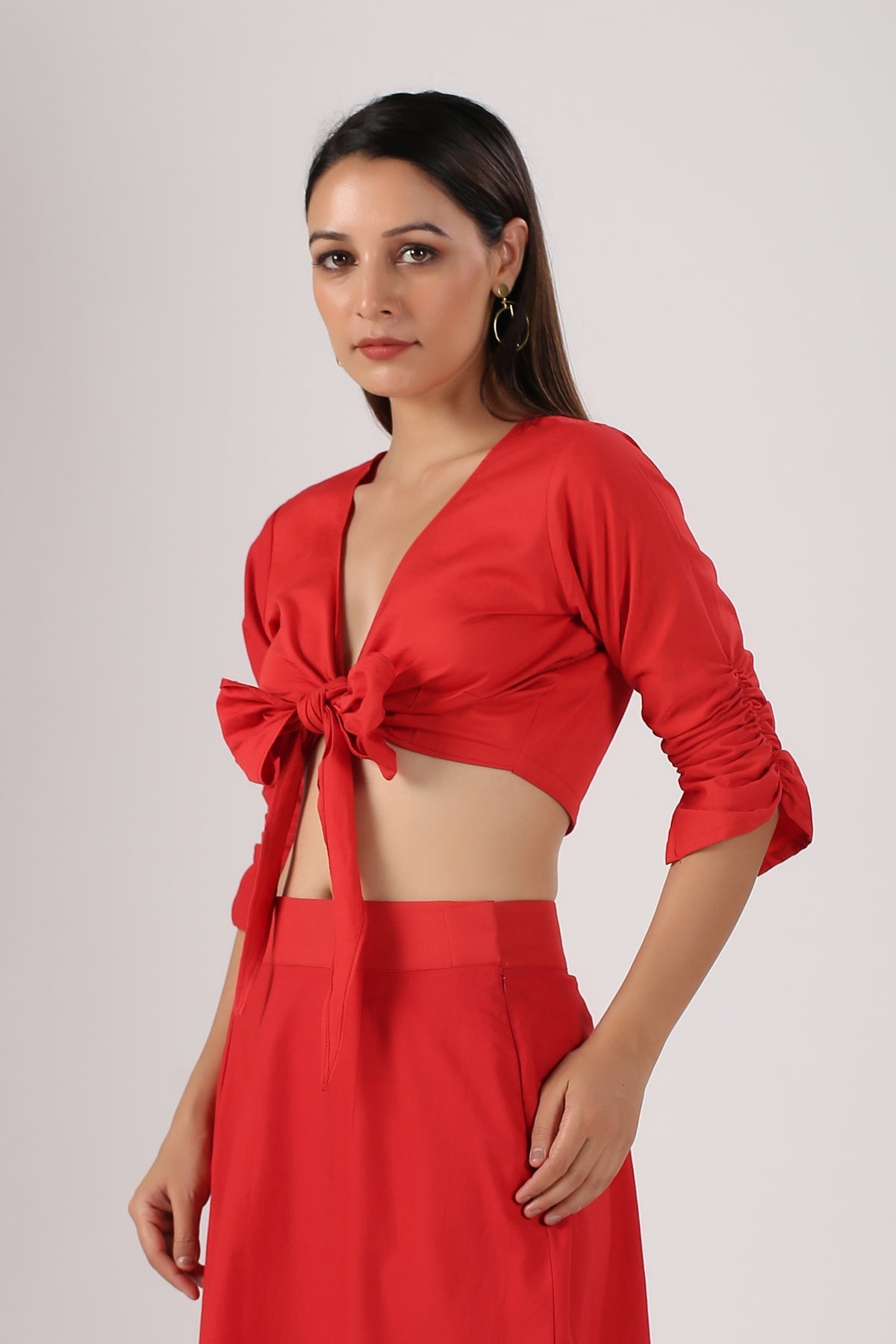 Stylera beach wear red tie front crop top with ruched sleeves and matching high waist skirt stylish ombre skirt and top set
