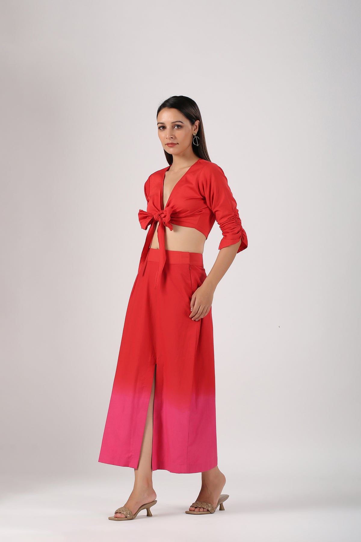 Stylera stylish ombre skirt and top set red to pink tie front crop top with high slit maxi skirt beach wear