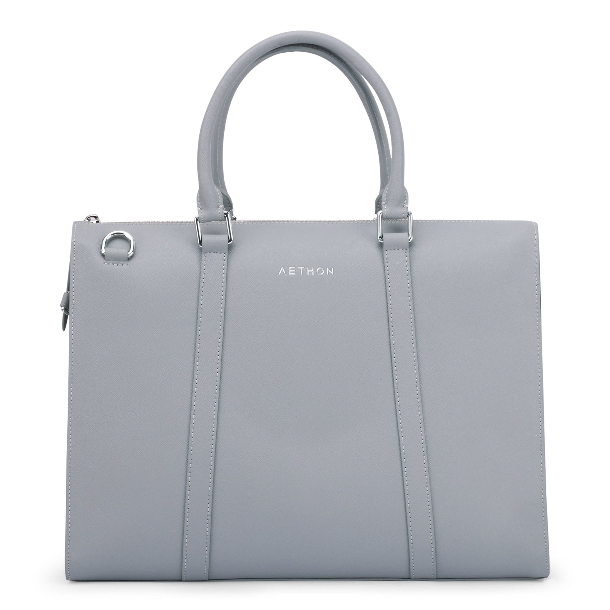 Light gray Stylera leather briefcase with double top handles and zip closure best leather briefcase for office use