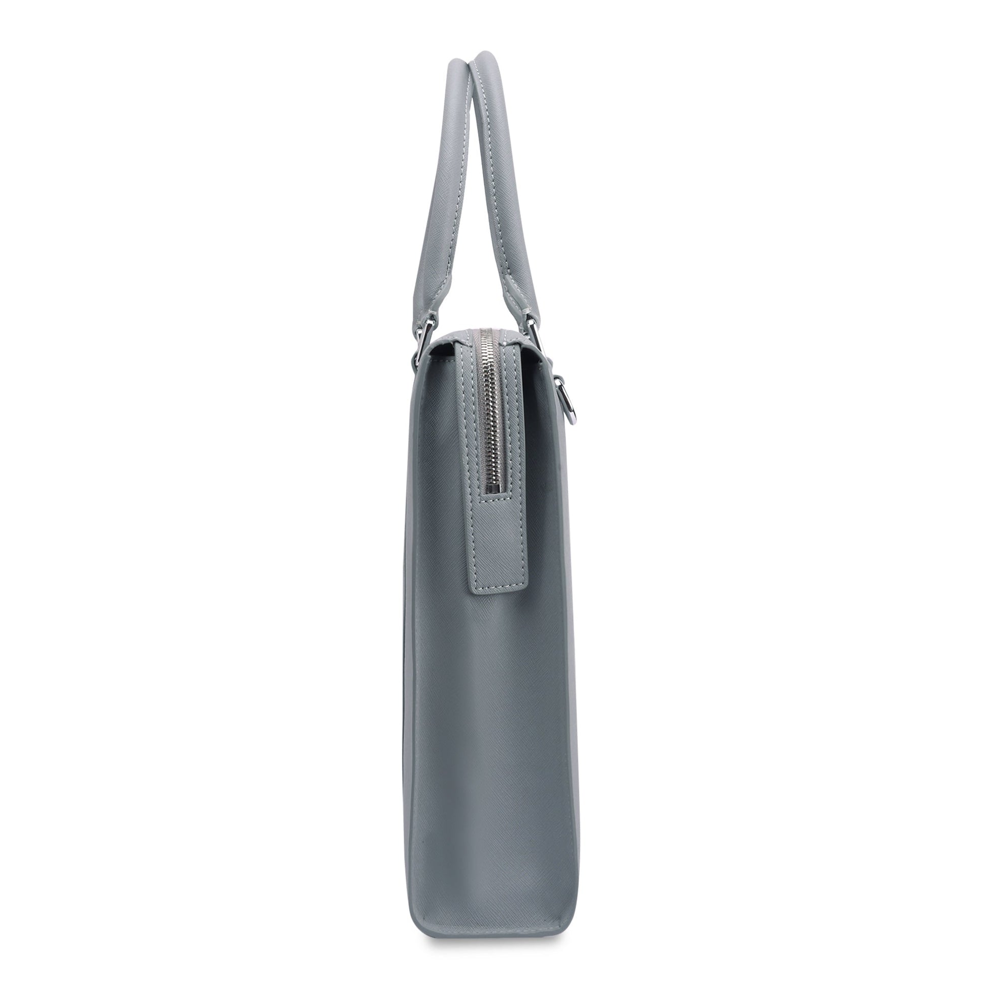 Stylera slim gray leather briefcase side view with top handles and zipper best leather briefcase for office use