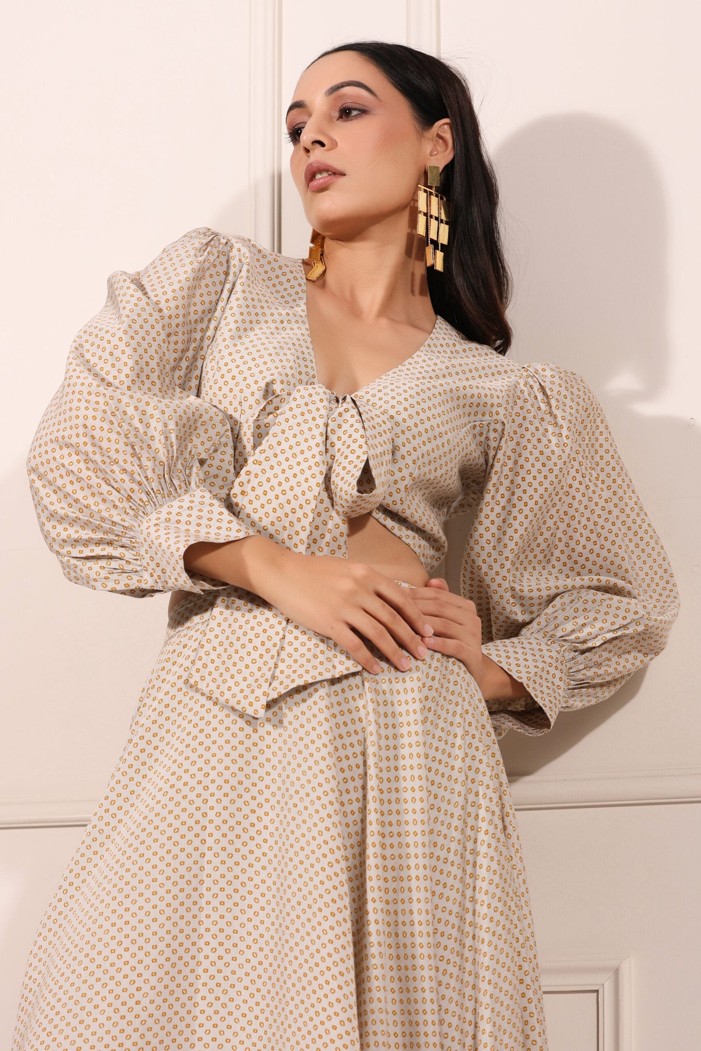 Bindu Starlight co-ord set featuring a stylish blouse with puff sleeves and a matching skirt