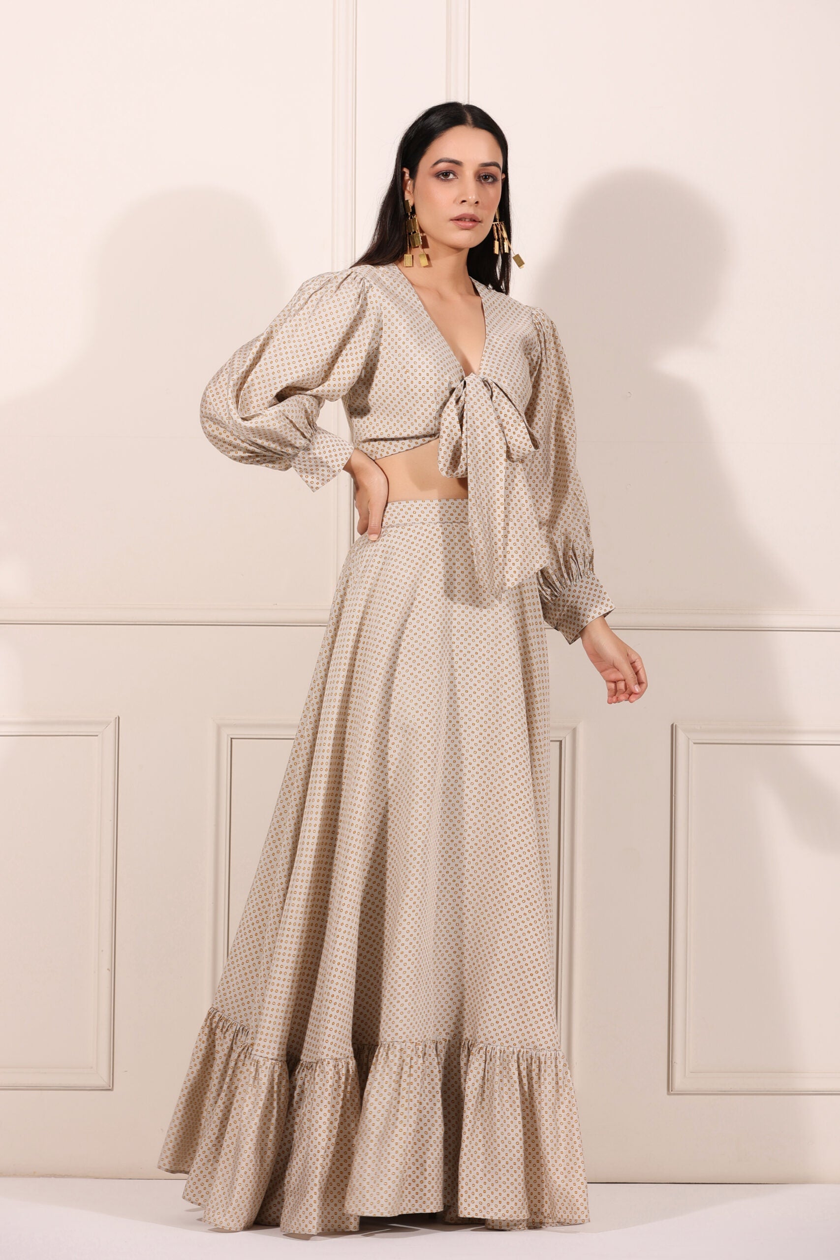 Bindu Starlight co-ord set featuring a tied crop top and flowing skirt in a stylish design