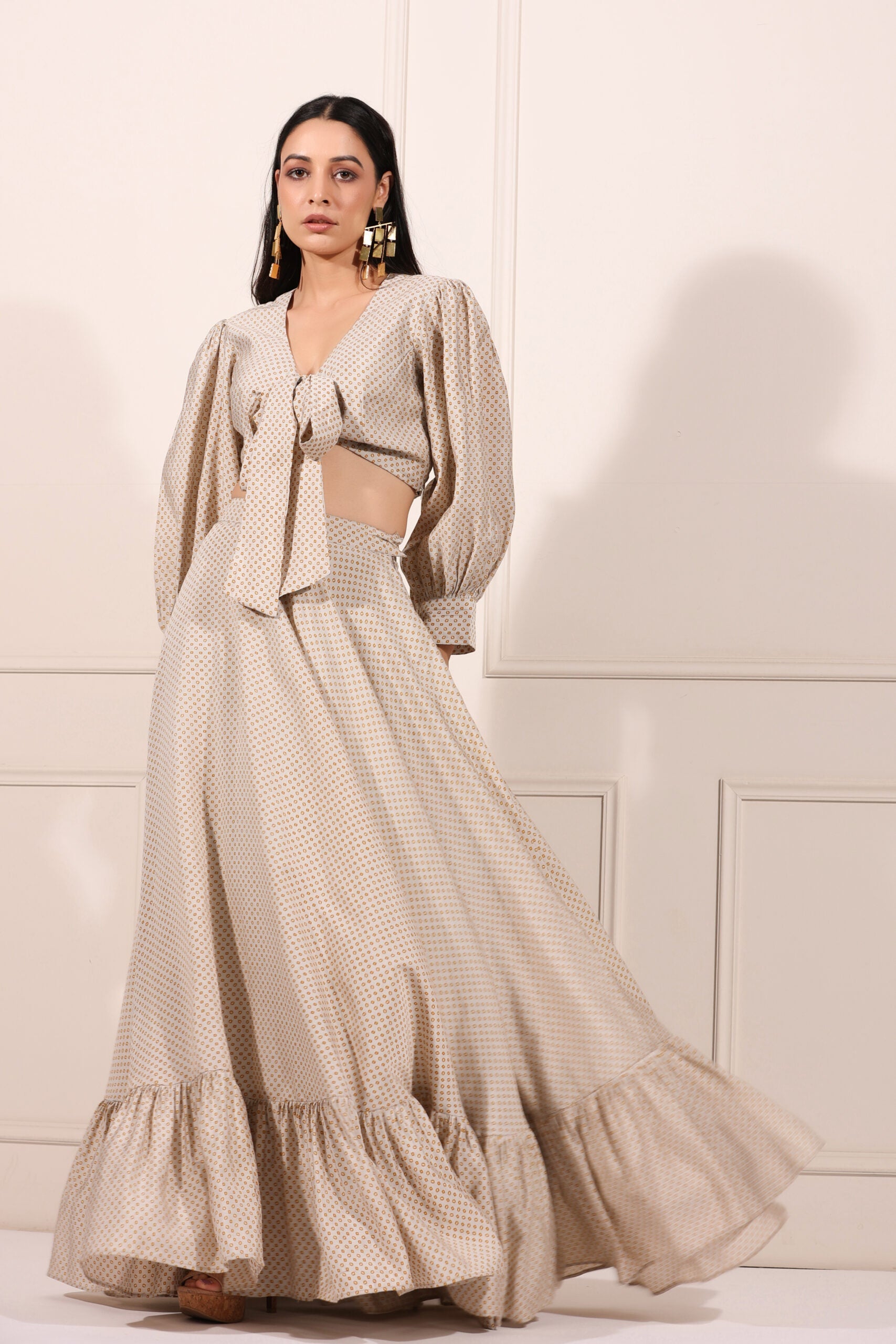 Elegant Bindu Starlight co-ord set featuring a tie-front crop top and flowing skirt