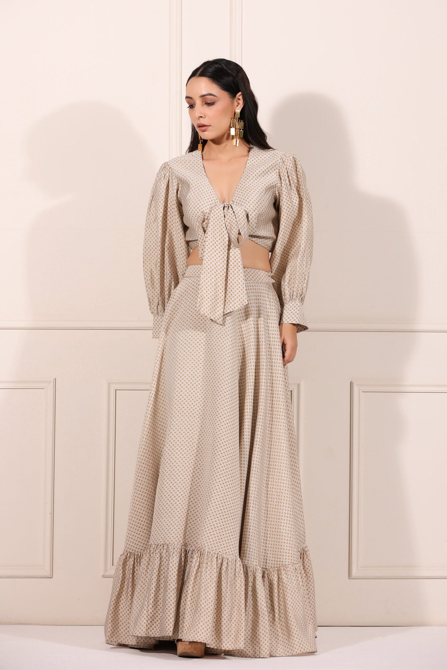 Elegant Bindu Starlight co-ord set featuring a cropped top and full-length skirt with ruffled hem