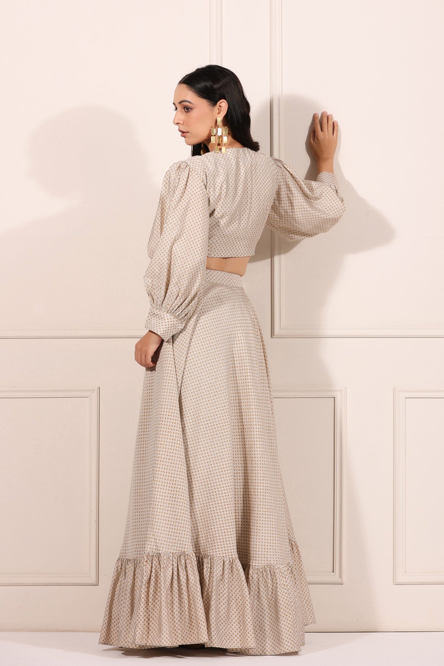 Model showcasing the Bindu Starlight co-ord set with a cropped top and tiered skirt in a stylish design