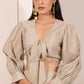 Elegant Bindu Starlight co-ord set featuring a tied top and voluminous sleeves for a stylish look
