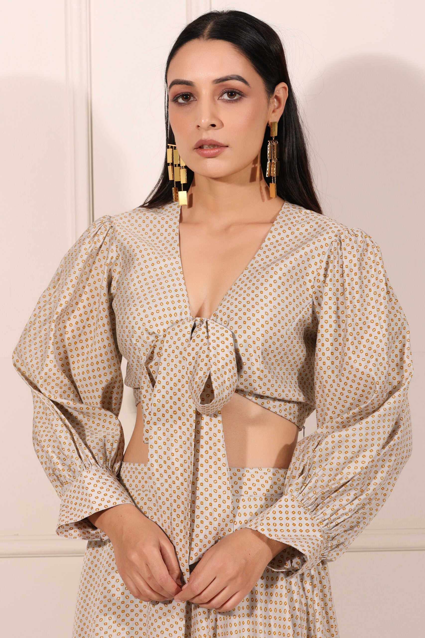 Elegant Bindu Starlight co-ord set featuring a tied top and voluminous sleeves for a stylish look