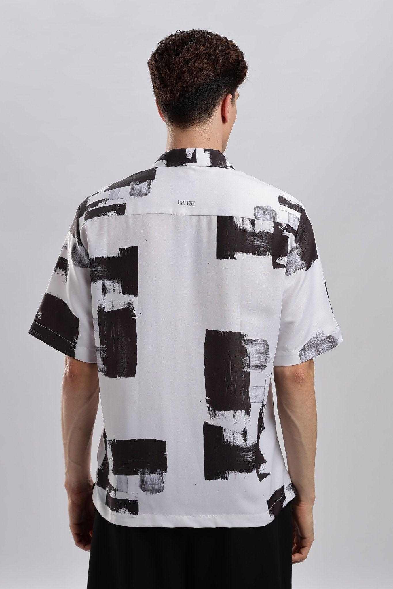 Back view of Stylera black and white artsy shirt for men short sleeve button down with brushstroke print