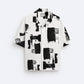 Stylera black and white artsy shirt for men short sleeve camp collar button up with abstract brushstroke print