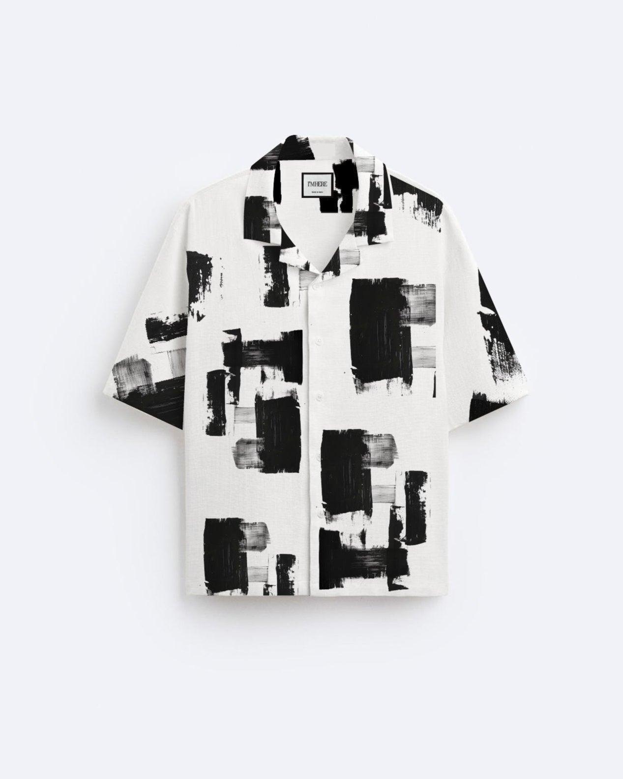 Stylera black and white artsy shirt for men short sleeve camp collar button up with abstract brushstroke print