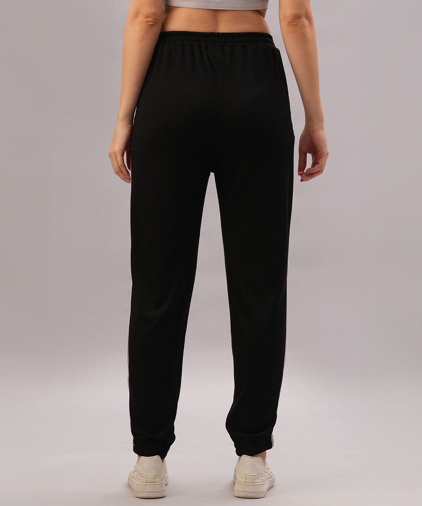 Black co-ord set for women featuring soft fabric joggers with an elastic waistband for comfortable wear