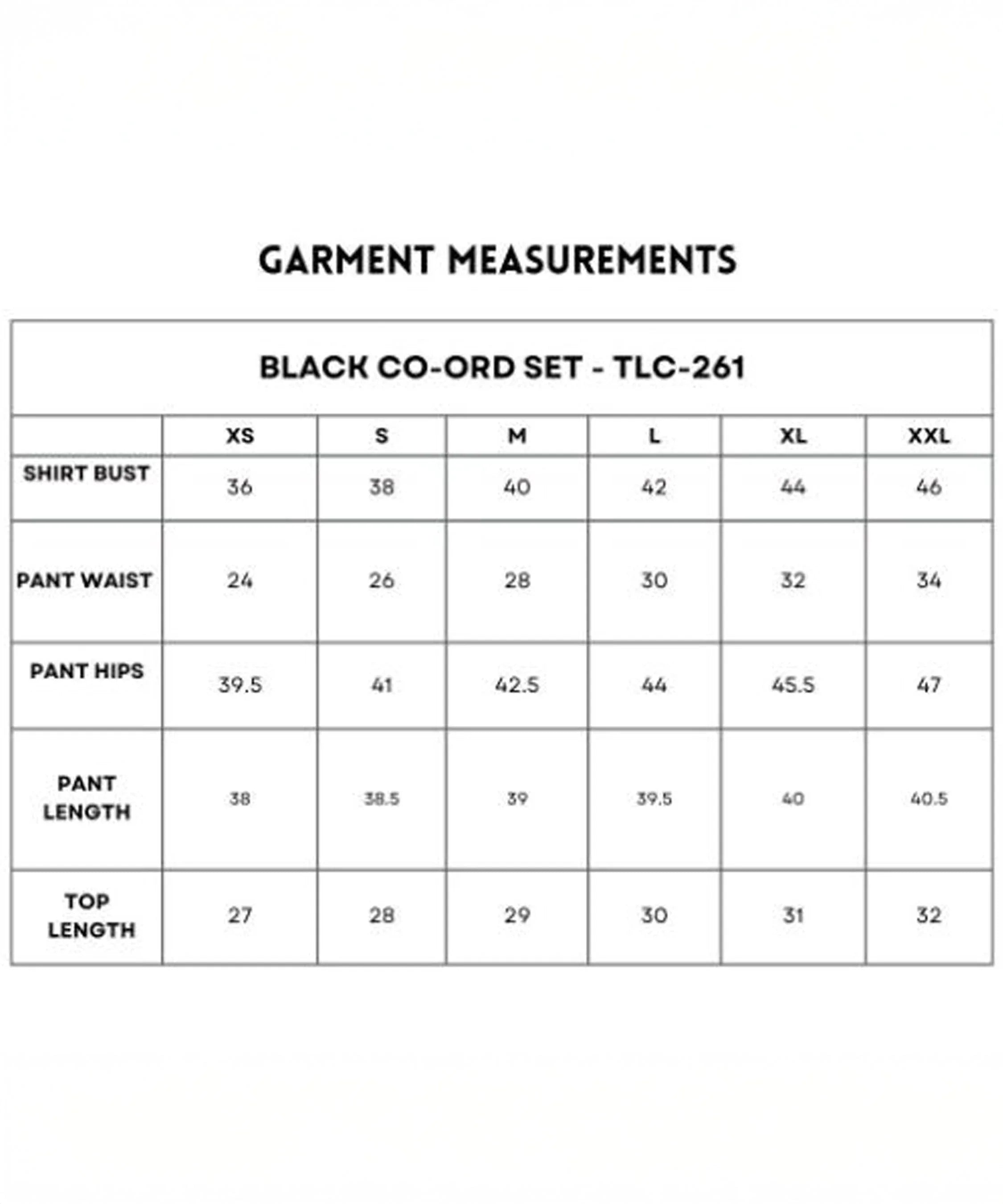 Garment measurement chart for the black co-ord set for women detailing sizes XS to XXL