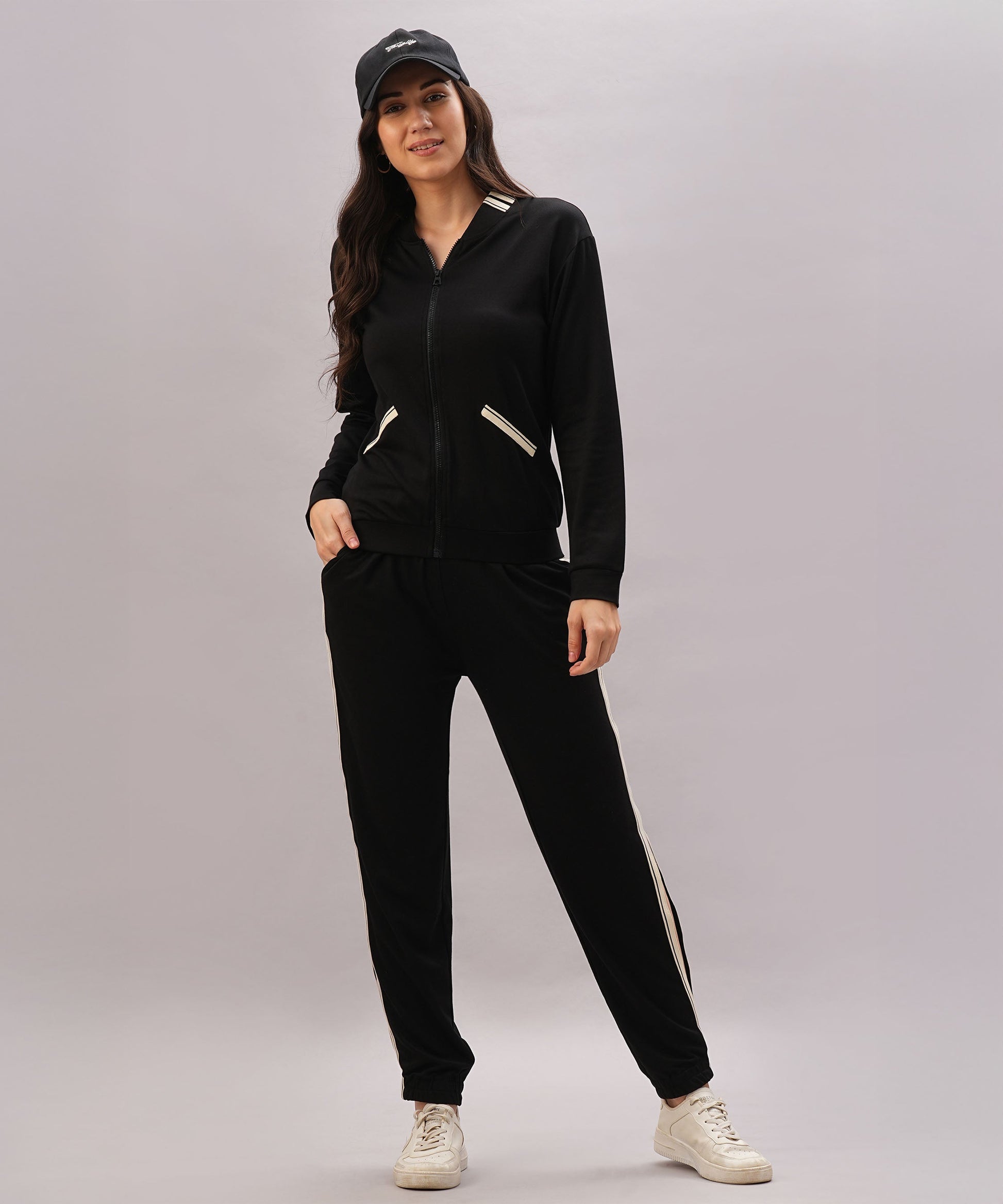 Stylera Black Co-ord Set for Women featuring zip-up jacket and matching joggers