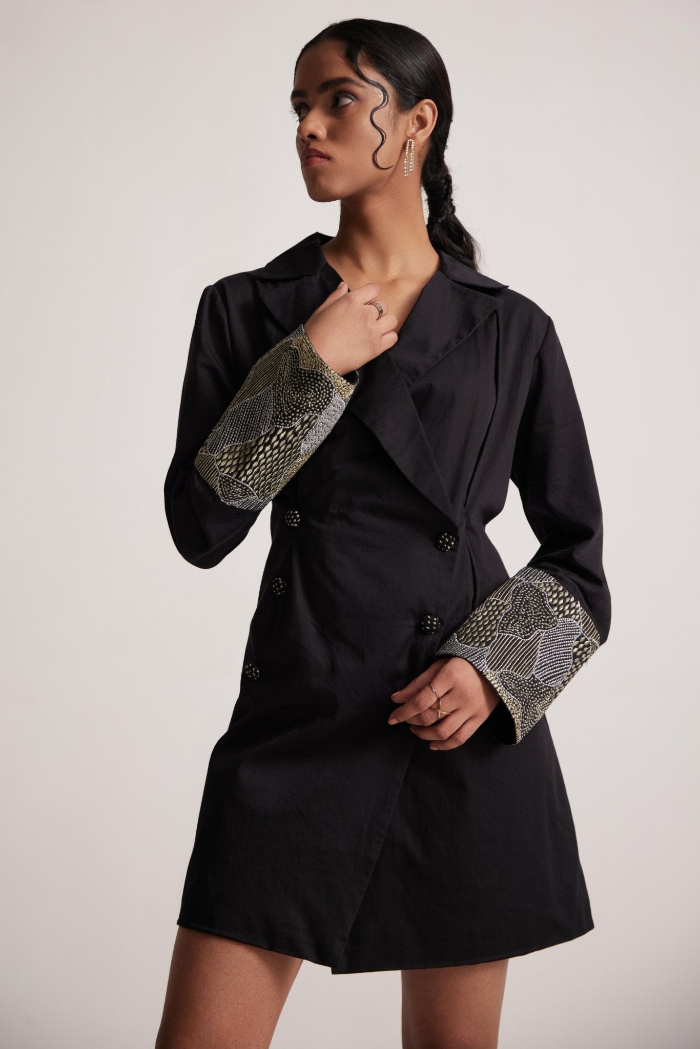 Stylera black dress blazer for women with embroidered patterned cuffs and double-breasted buttons