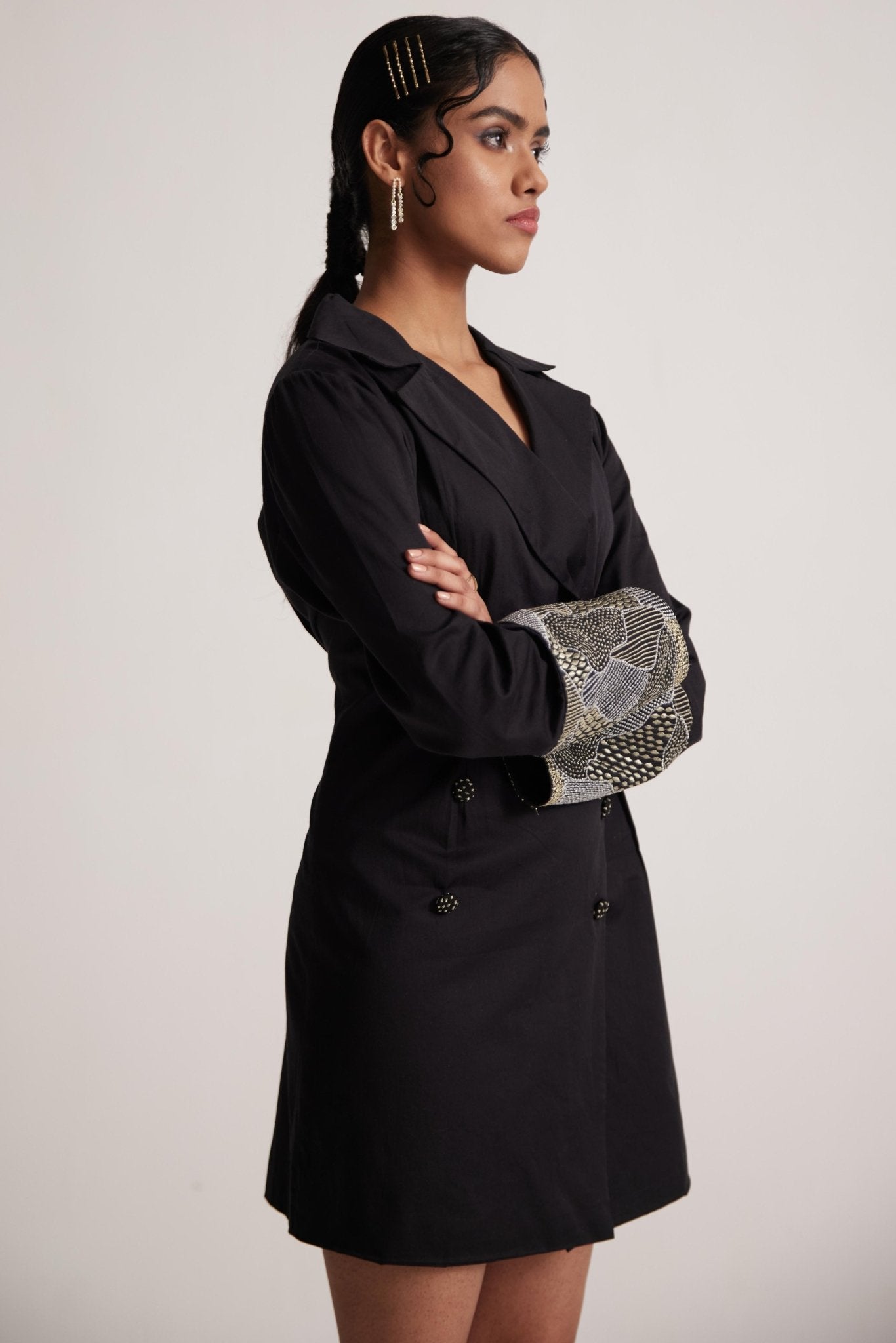 Stylera black dress blazer for women with unique embroidered cuffs and double-breasted design