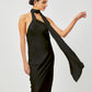 Stylera black formal gown for women with halter neck and scarf detail