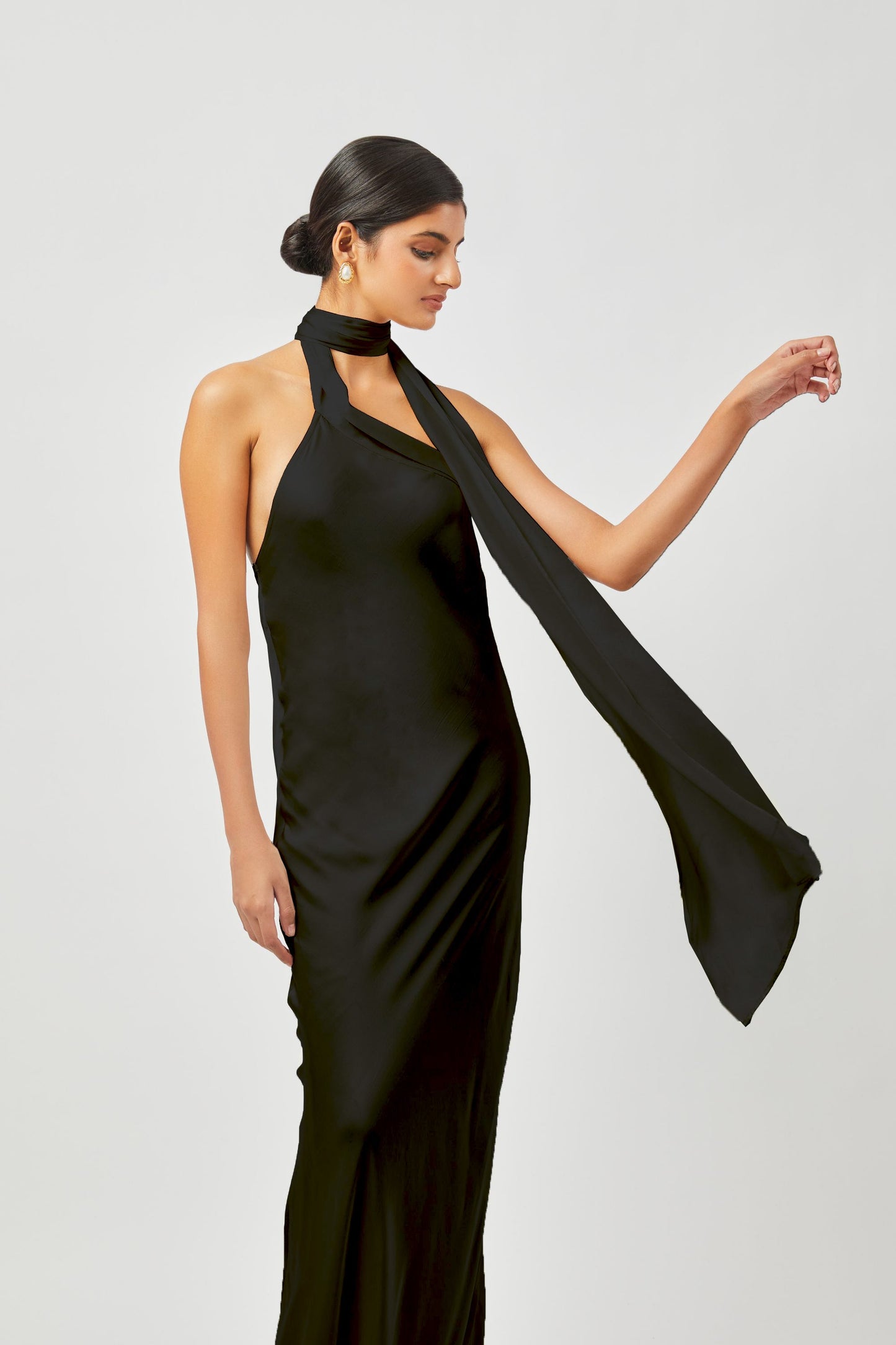Stylera black formal gown for women with halter neck and scarf detail