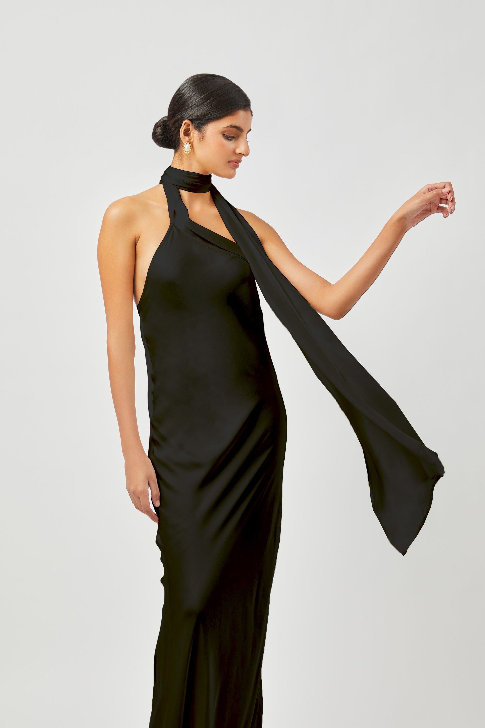 Stylera black formal gown for women with halter neck and scarf detail