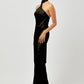 Stylera black formal gown for women with halter neckline and fitted silhouette