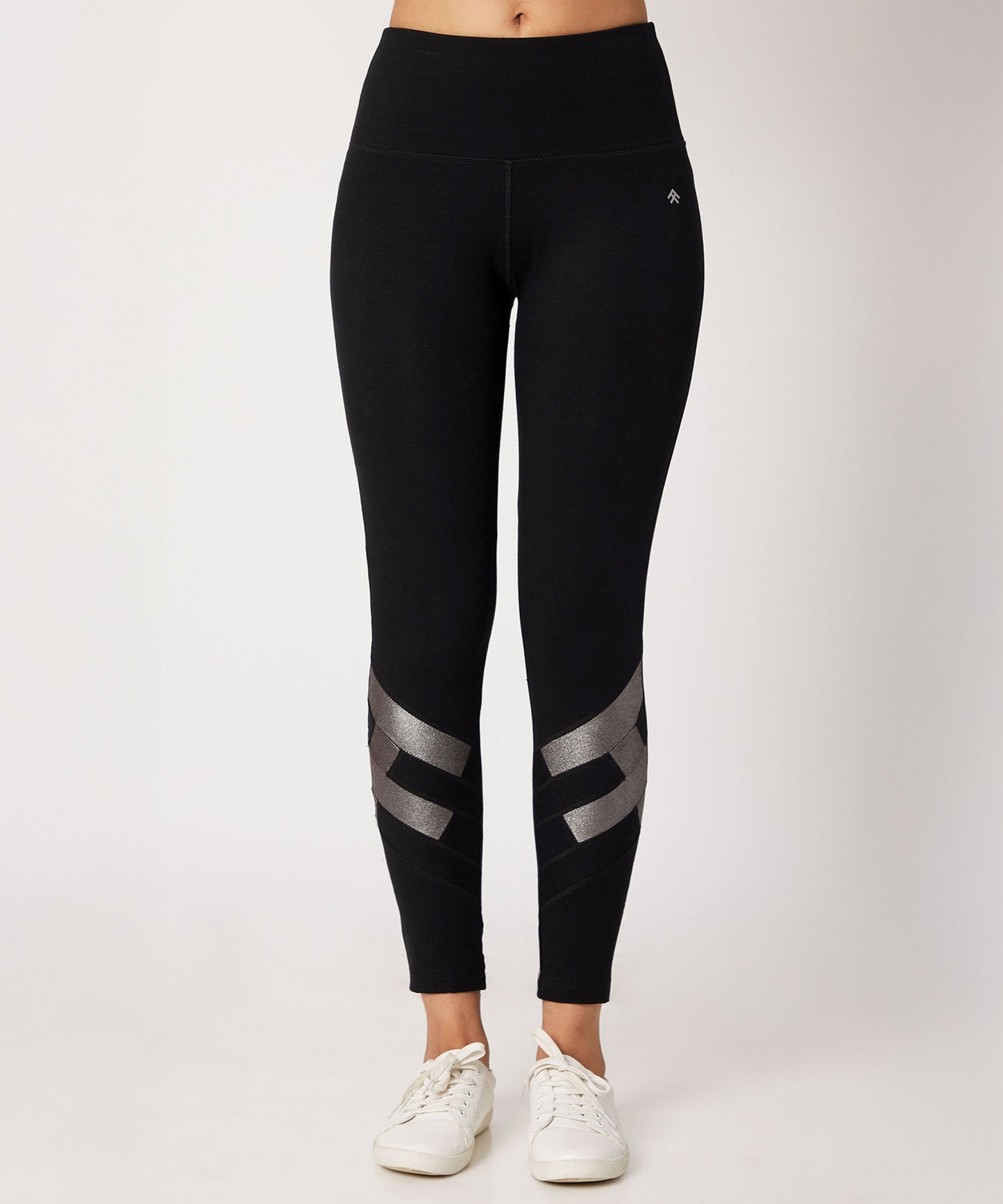 Stylera black high waisted metallic leggings featuring stylish silver side stripes