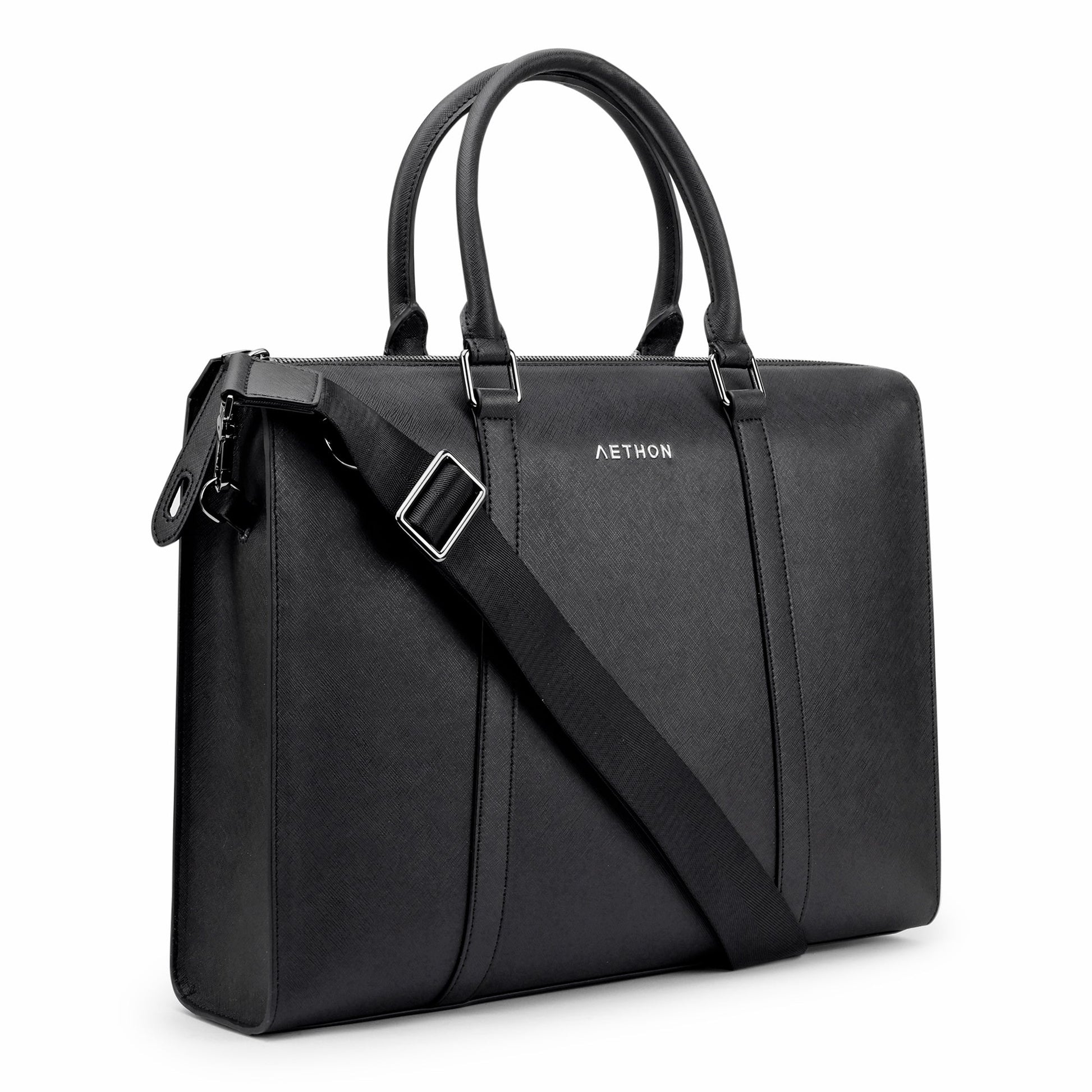 Stylera black leather briefcase laptop bag with top handles and adjustable shoulder strap for professionals