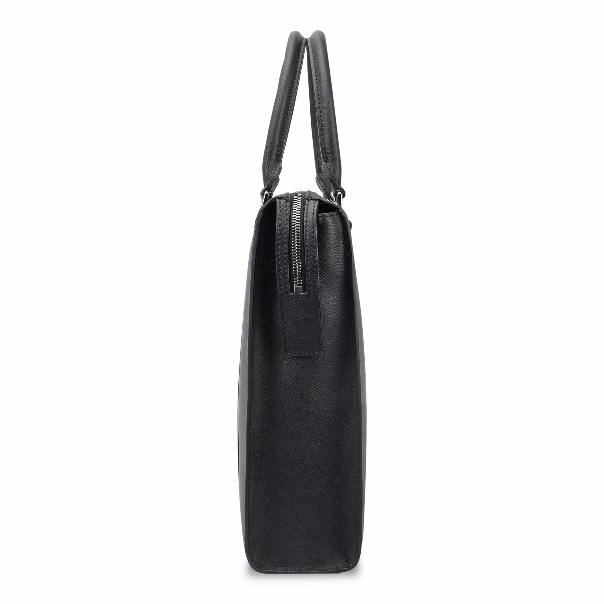 Stylera black leather briefcase laptop bag slim side profile with dual top handles and zip closure