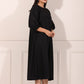 Elegant black midi dress for women with puff sleeves and a flowy silhouette