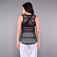 Back view of black netted tank top for women with stylish crisscross design and breathable fabric
