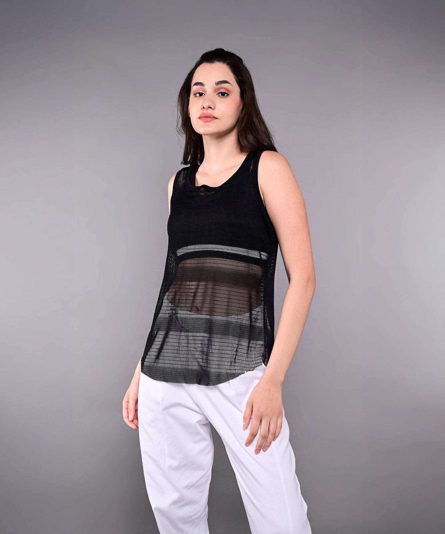 Stylish black netted tank top for women, perfect for casual wear and layering options