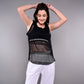 Stylish black netted tank top for women with a breathable design, perfect for workouts and casual wear