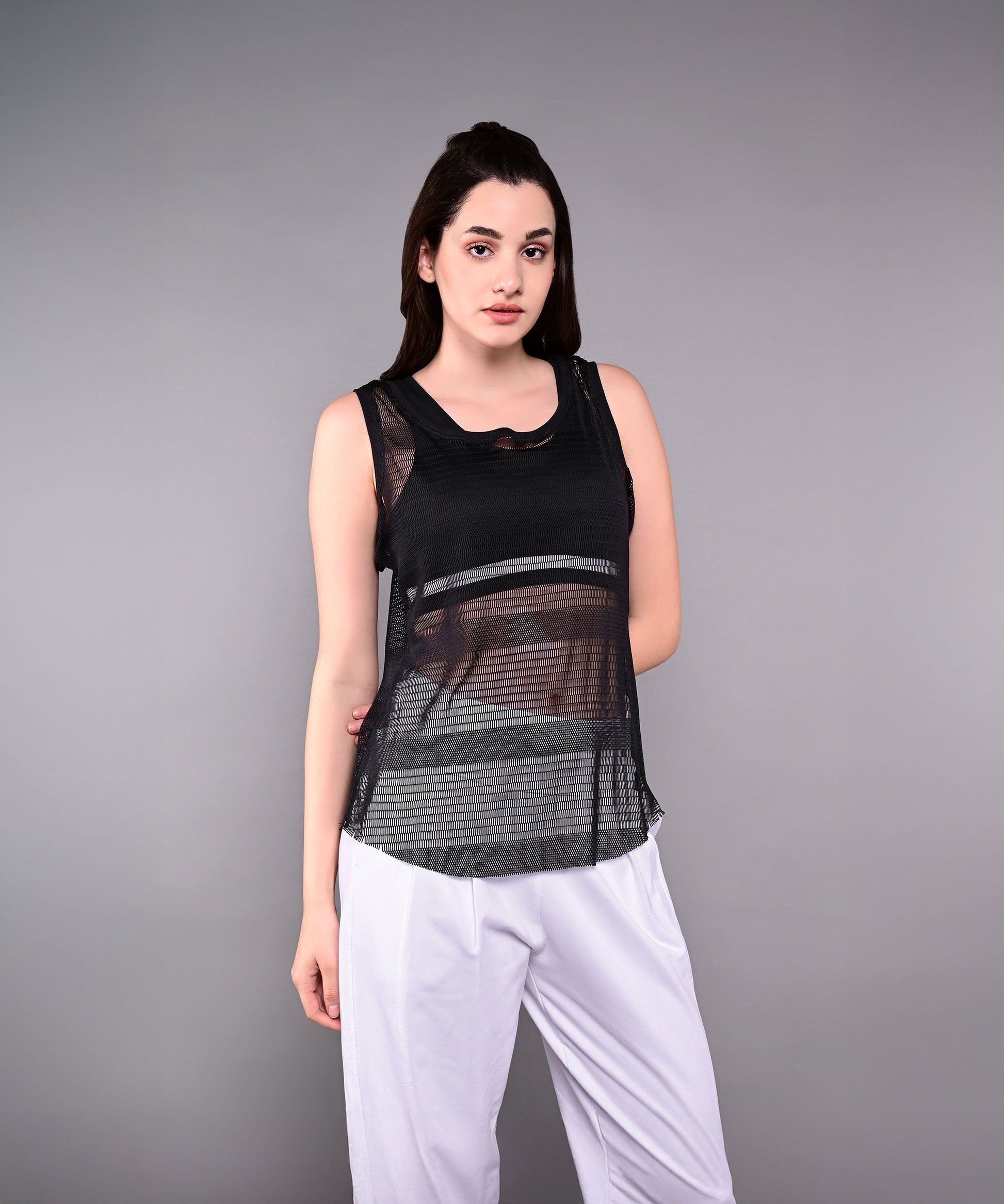 Stylera black netted tank top for women with a stylish, breathable design for workouts