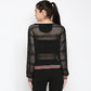 Back view of a stylish black netted top for women with long sleeves and striped hem