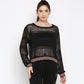 Stylera black netted top for women with a colorful striped hem for a stylish look