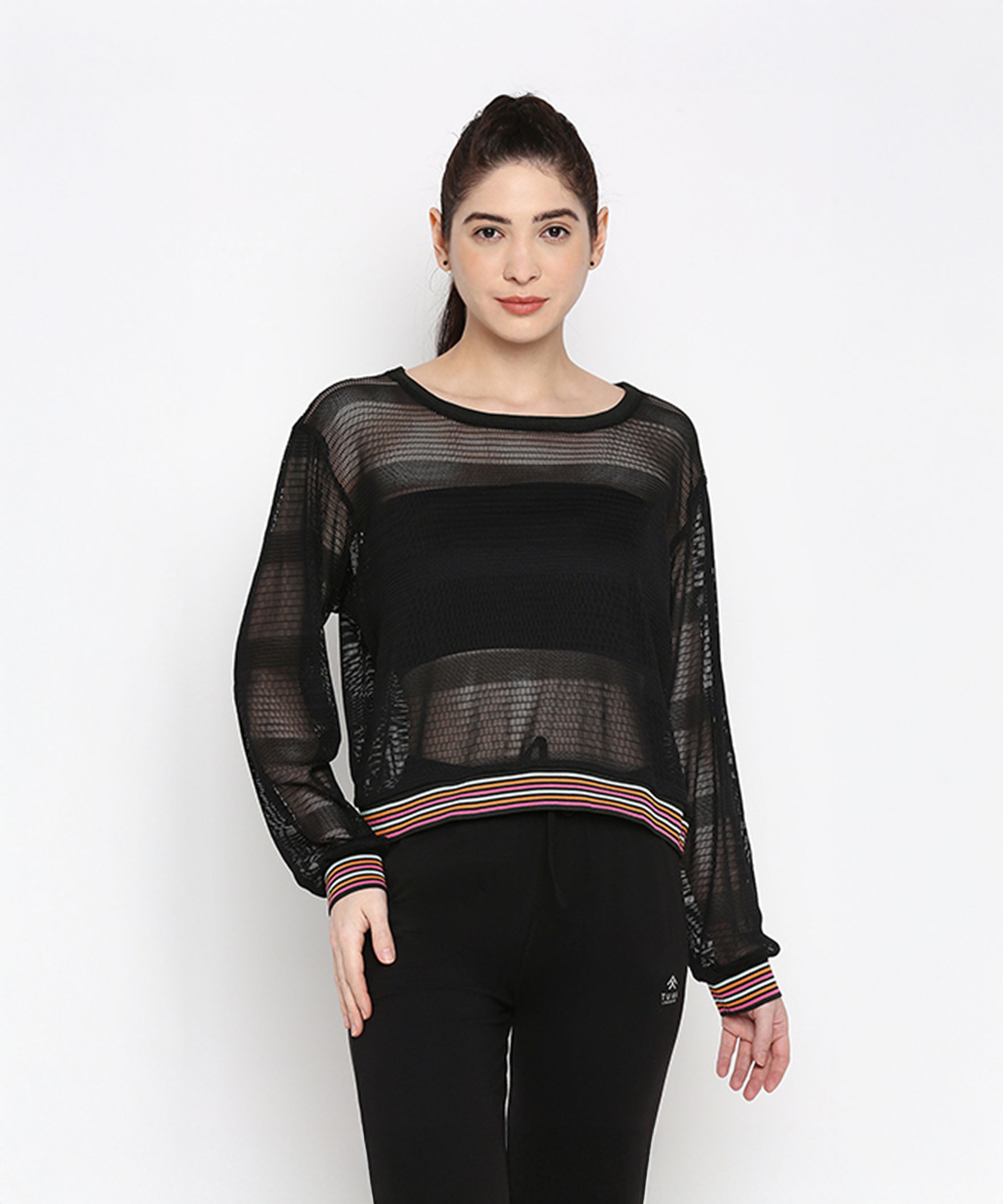 Stylera black netted top for women with a colorful striped hem for a stylish look