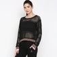 Stylish black netted top for women featuring colorful striped cuffs and a relaxed fit