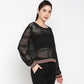 Stylish black netted top for women with colorful striped cuffs and loose fit