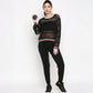 Stylish black netted top for women paired with black joggers, perfect for activewear outfits