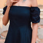 Stylish black off shoulder short dress with puff sleeves for a chic summer look