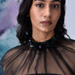 black organza top for women with beaded high collar sheer yoke over strapless black bodice