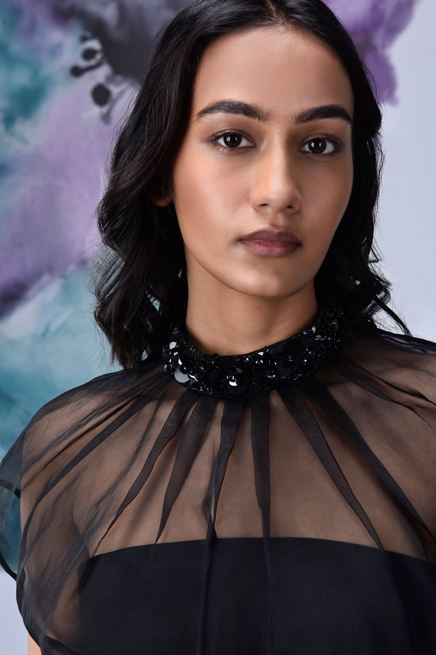 black organza top for women with beaded high collar sheer yoke over strapless black bodice