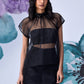 Stylera black organza top for women sheer overlay with beaded collar and short sleeves