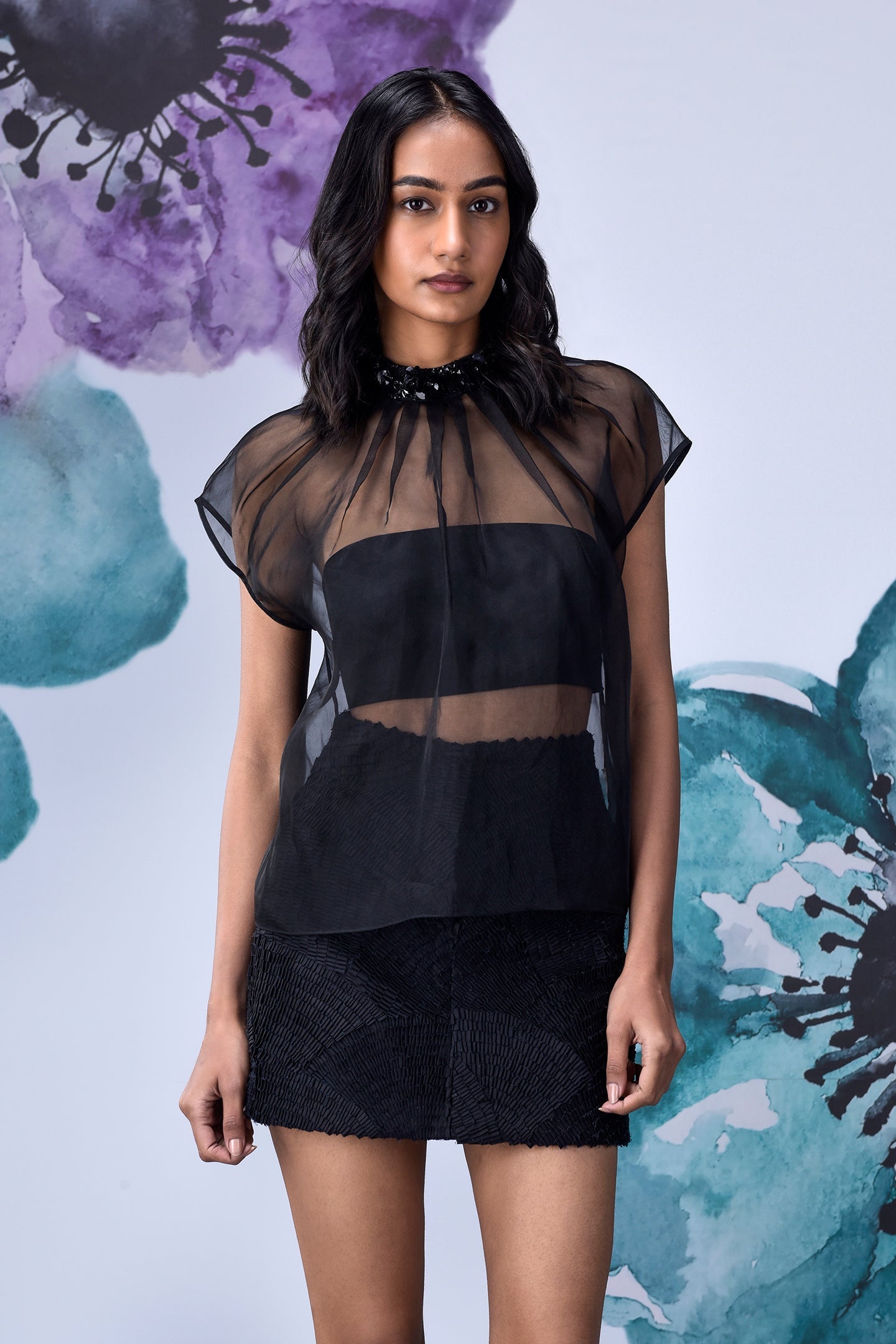 Stylera black organza top for women sheer overlay with beaded collar and short sleeves