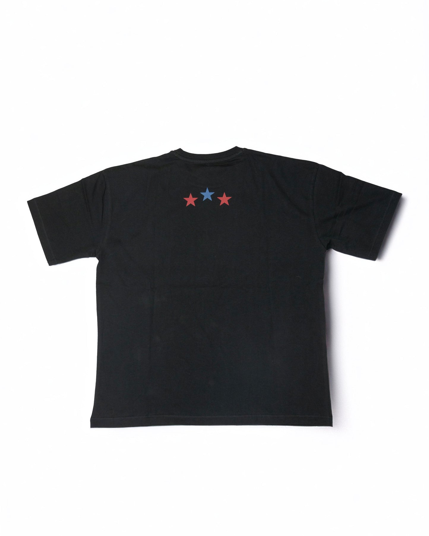 Stylstpls black oversized crew neck t-shirt featuring red and blue star design on the back
