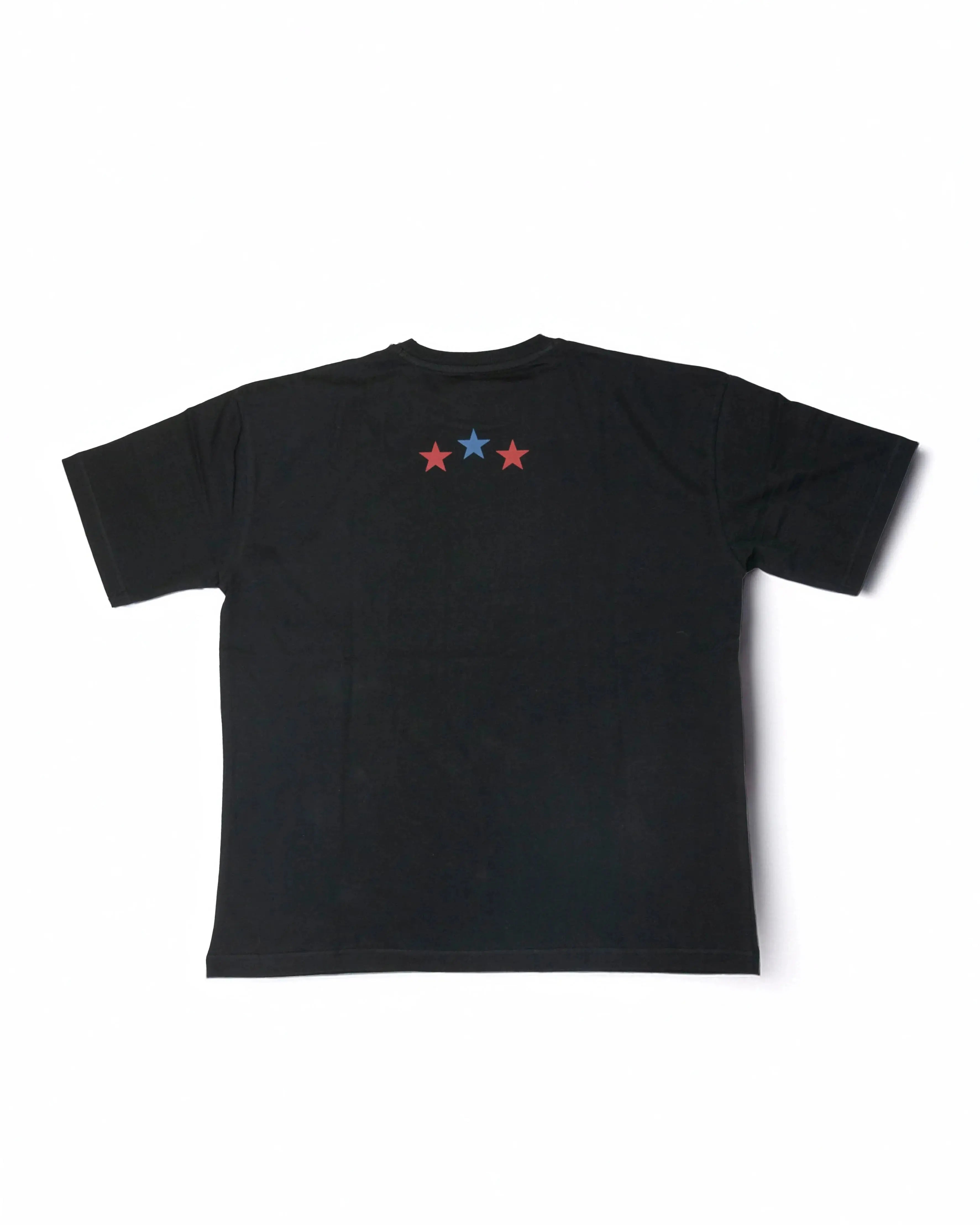 Stylstpls black oversized crew neck t-shirt featuring red and blue star design on the back