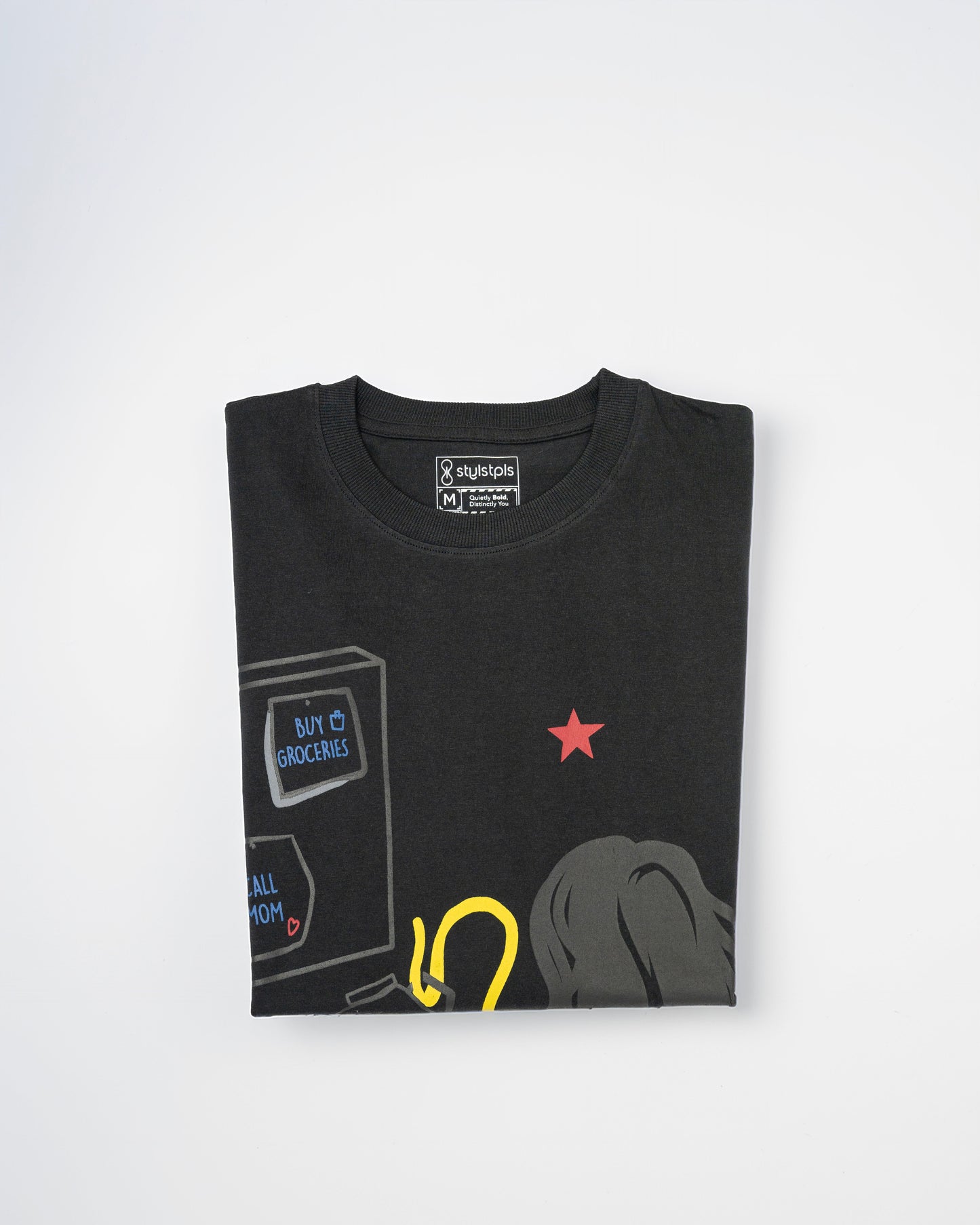 Stylstpls black oversized crew neck t-shirt featuring graphic art in vibrant colors