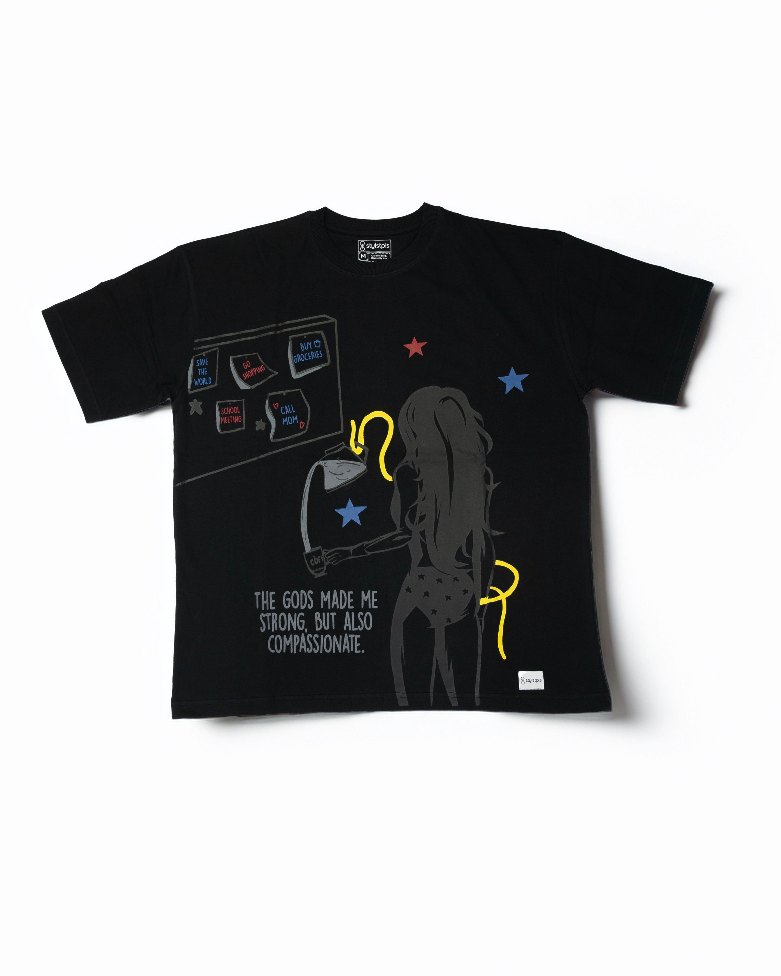 Stylstpls black oversized crew neck t-shirt featuring a graphic design and text for a stylish look