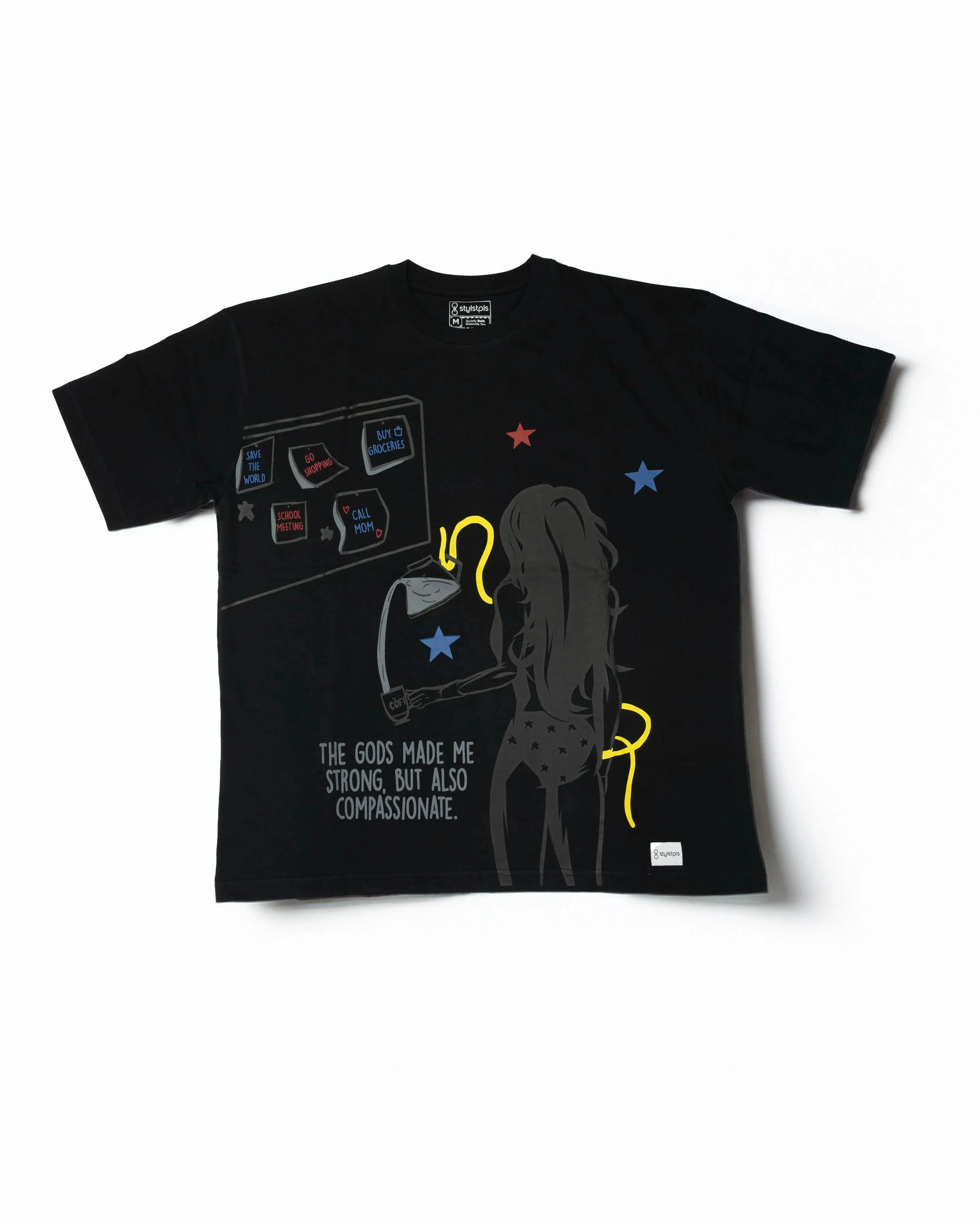 Stylstpls black oversized crew neck t-shirt featuring a graphic design and text for a stylish look